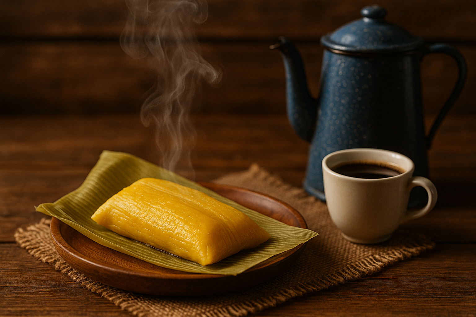 Pamonha servida em um prato, um bule e uma xícara de café ao lado.